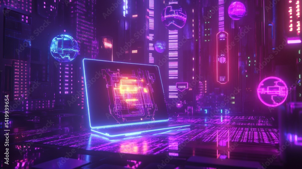Poster futuristic digital workspace with glowing laptop and data