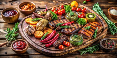 Fototapeta premium A Delicious Grilled Meat Platter with Roasted Vegetables and Zesty Dips on a Rustic Wooden Board