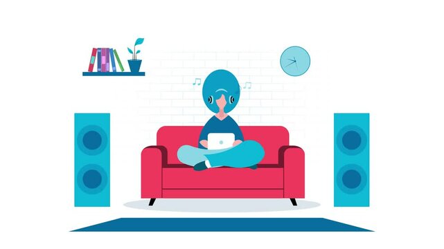 illustrazione, figura, disegno, donna al lavoro seduta sul divano, 