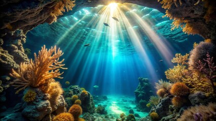 Sunbeams Illuminate Vibrant Underwater Coral Reef Ecosystem, Featuring Diverse Marine Life and Lush Sea Flora