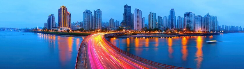 Obraz premium Panoramic view of a cityscape at dusk over a body of water