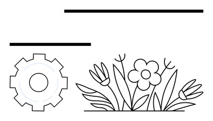 Abstract gear and flower with leaves, symbolizing connection between technology and nature balance. Ideal for innovation, ecology, technology, sustainability, renewable energy, engineering, simple