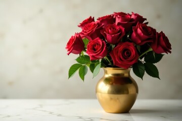 Fototapeta premium Golden vase overflowing with deep red roses, marble surface , decor, vibrant, still life photography