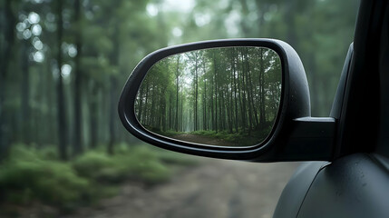 Car Side Mirror Reflecting Forest On Rainy Day