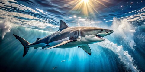 Naklejka premium Majestic Great White Shark in Underwater Paradise, Sunlight Rays Illuminating the Ocean Depth