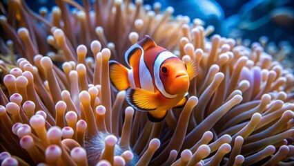 A Vibrant Orange and White Clownfish Swims Among Delicate Sea Anemone Tentacles in a Breathtaking Underwater Scene