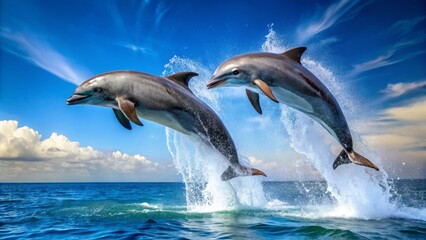 Oceanic Ballet Two Dolphins Leap Gracefully Through Azure Waters Under a Vivid Sky