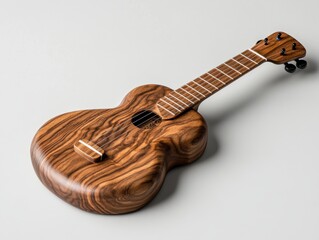 Dark brown wooden ukulele on a light gray background. The wood grain is highly visible.