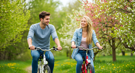 Obraz premium A happy couple enjoying a bike ride in a vibrant spring park, surrounded by blooming trees and greenery.