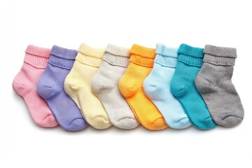 Colorful children's socks arranged in a row.