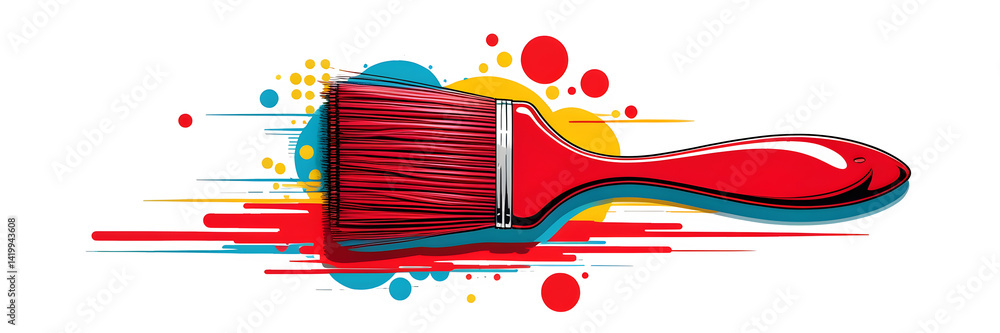 Poster red paintbrush creating dynamic colorful splashes on a transparent background