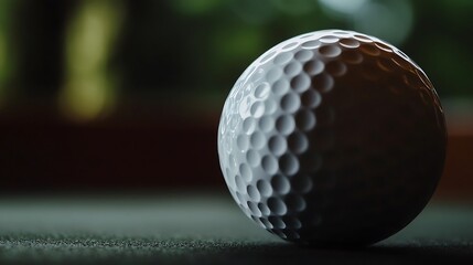 Close-up view of a golf ball resting on a dark surface.