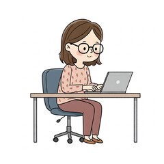Woman working on a laptop at a desk with a cheerful expression  