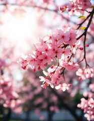 Delicate pink cherry blossoms dancing on a gentle breeze, bathed in sunlight, view, cherry blossoms, bloom