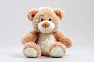 Obraz premium Light brown teddy bear sits calmly on a plain background.