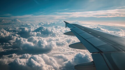 Obraz premium Airplane Wing Above Puffy Clouds