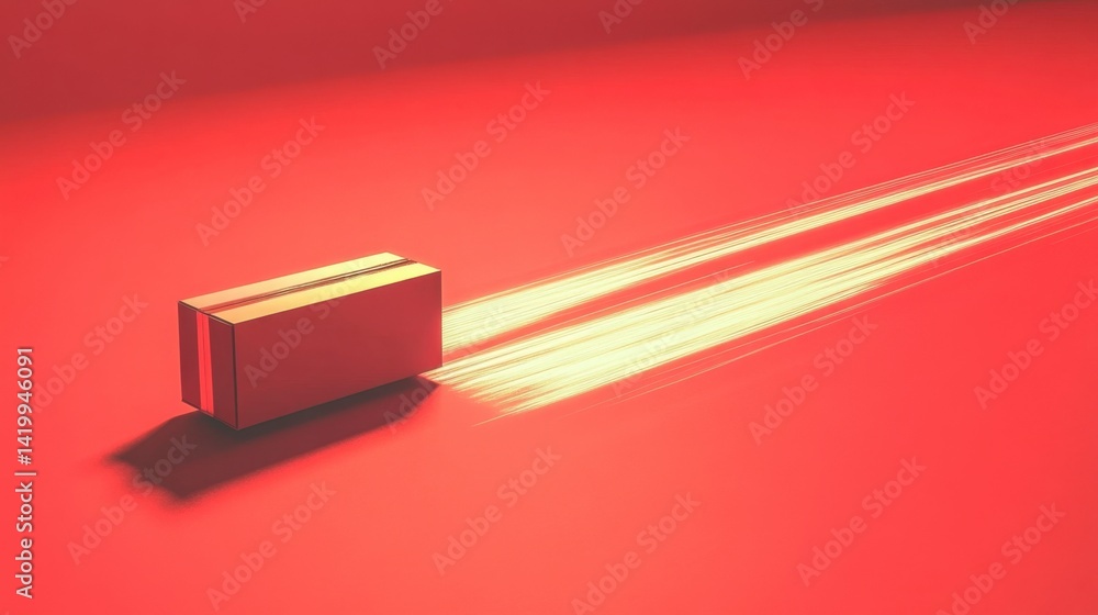 Poster red rectangular object moving fast leaving a light trail on red surface