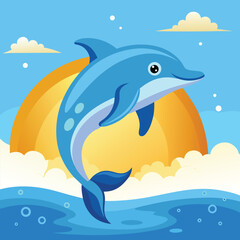 A playful pod of dolphins leaps joyfully above the crashing waves under a bright blue sky.