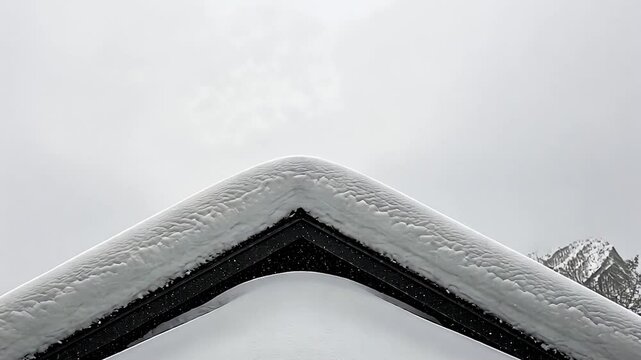 Snowy roof peak against mountain backdrop