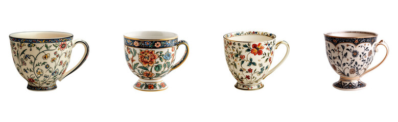 Floral patterned teacups with handles.