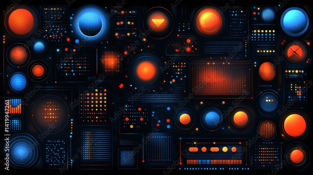Poster futuristic digital interface with glowing orange and blue elements on a dark background. data visual