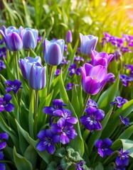 Lush green foliage bursts with vibrant blue and purple tulips and violets, lush, landscape, details