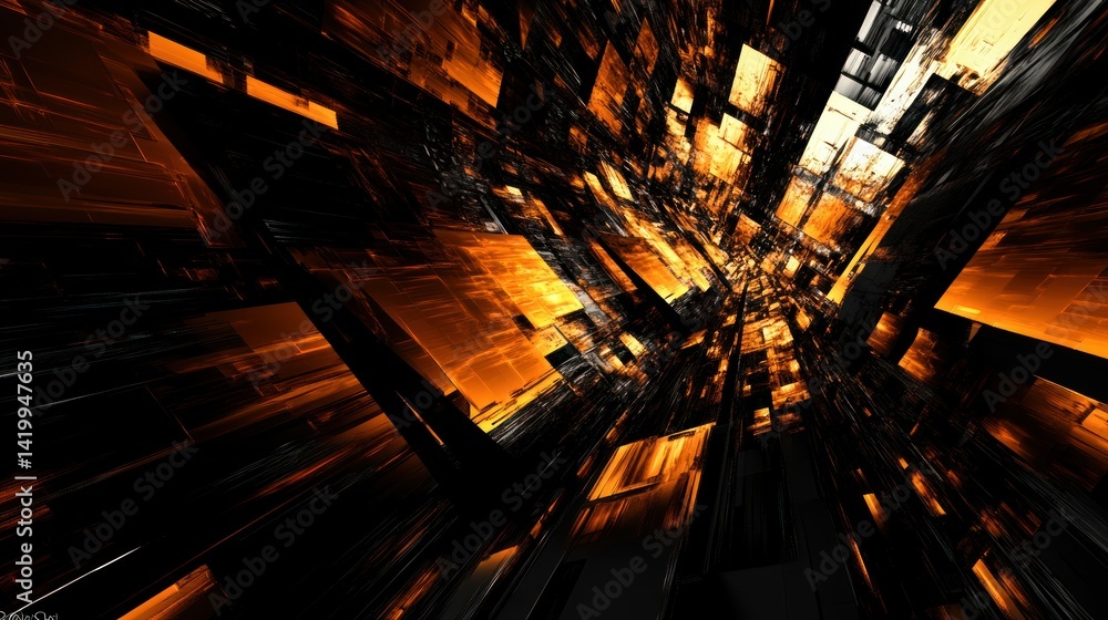 Poster abstract perspective with illuminated geometric shapes and dark background gradients