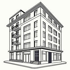 Monochrome Illustration Of A Multi Story Building With Balconies And Windows