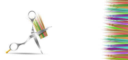 Close-up of metal scissors for cutting hair with glare of light.   Vector illustration