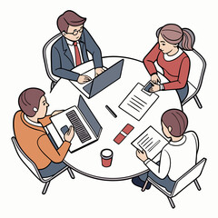 Team Of Professionals Collaborating At Round Table With Laptops And Documents