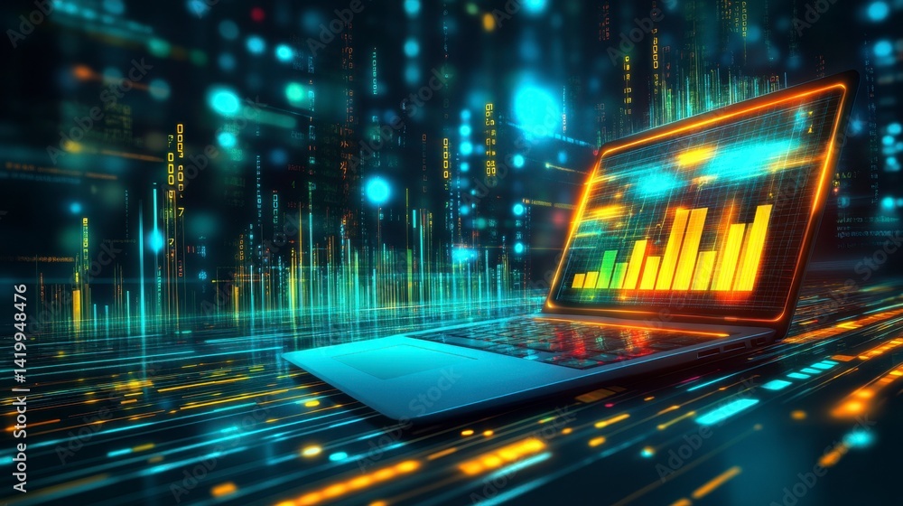 Poster laptop displaying glowing bar graph charts on screen, vibrant city background, digital data streams.