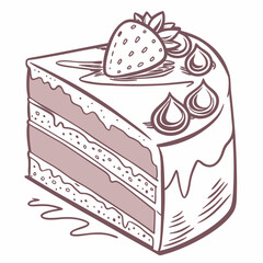 Hand Drawn Cake Slice With Strawberry Topping And Cream Drizzle Illustration