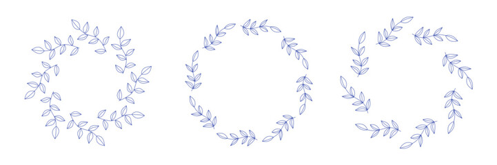 Mediterranean blue olive branches circle frame set. Hand drawn round line border, leaves and flowers, wedding invitation and cards, logo design and posters template. Elegant minimal style floral set