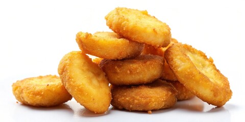 A delectable stack of golden-brown, crispy fried chicken nuggets, showcasing their perfectly textured surface and inviting aroma.