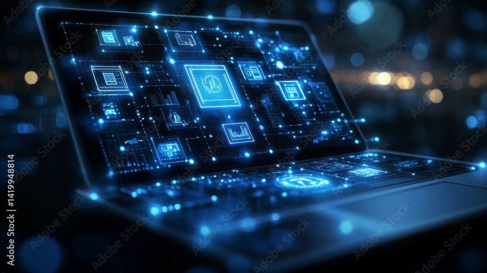 Poster laptop screen displays glowing digital circuit board interface, dark background bokeh lights.