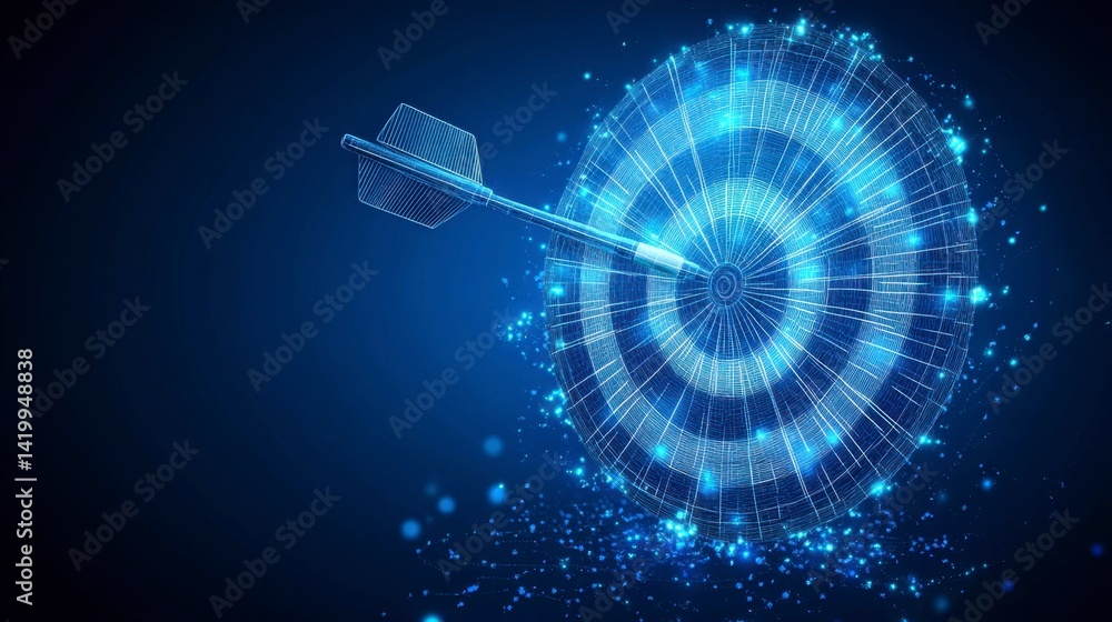 Poster abstract glowing blue dart hitting the center of a target. digital art with particle effects.