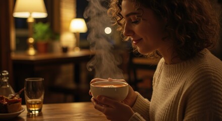Woman savoring soup, photo