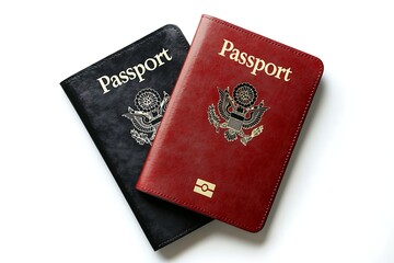 Two realistic passport covers, one in dark blue and the other in red with Passport written on it in gold letters