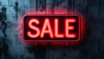 sale neon sign with glowing in red color on dark wall