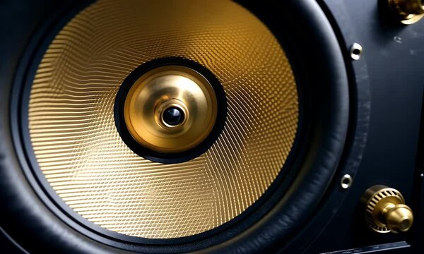 Close-up of a modern speaker featuring a gold cone and black frame. Hardware showcasing audio technology