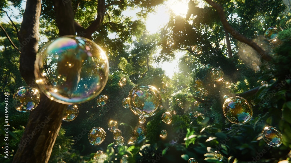 Poster Bubbles float amidst trees and foliage in a sunlit environment