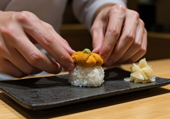 Chef Preparing Fresh Uni Sushi on a Black Plate, Japanese Cuisine, Culinary Arts Concept