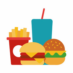 Vector Illustration Of Fast Food Meal With Burgers Fries And Drink
