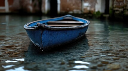 Obraz premium Tranquil blue boat on a canal