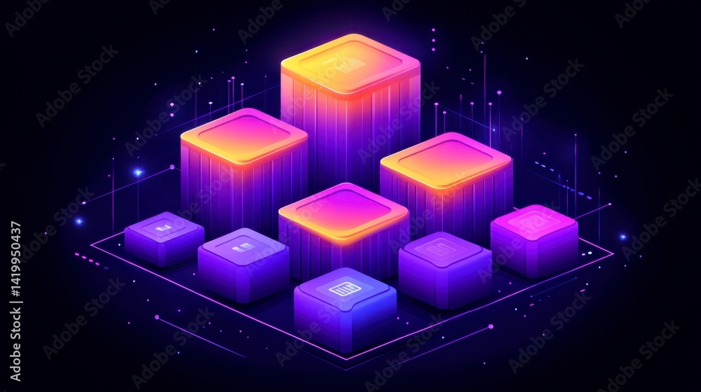 Poster abstract digital illustration of glowing purple and orange data cubes on a dark background, represen