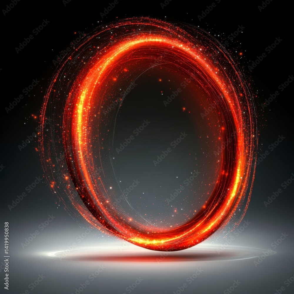 Poster glowing red ring with sparkles on dark background. abstract light effect. 3d rendering.