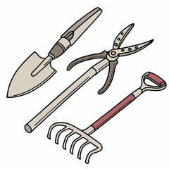 Cartoon Garden Tools Shovel Shears And Rake On A White Background