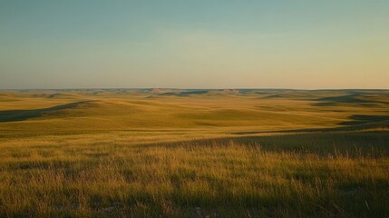 Wide expanse of grassy field under a blue and yellow sky