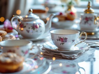 Fototapeta premium Cozy Afternoon Tea Setting with Floral China, Delicate Pastries, and Elegant Tableware for Celebrations