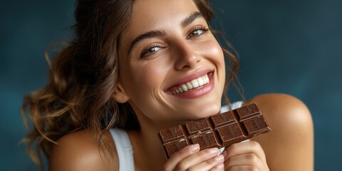 Smiling Woman with Glistening Skin Enjoying Dark Chocolate Bar